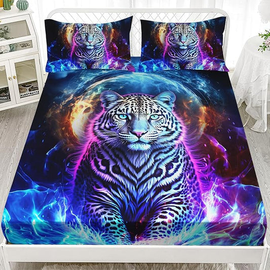 AILONEN Leopard Fitted Sheet Set Full Size, Boys Blue Smoky 3 Pieces Printed Cheetah Bed Sheet Set,Wildlife Fitted Sheet with 2 Pillowcases