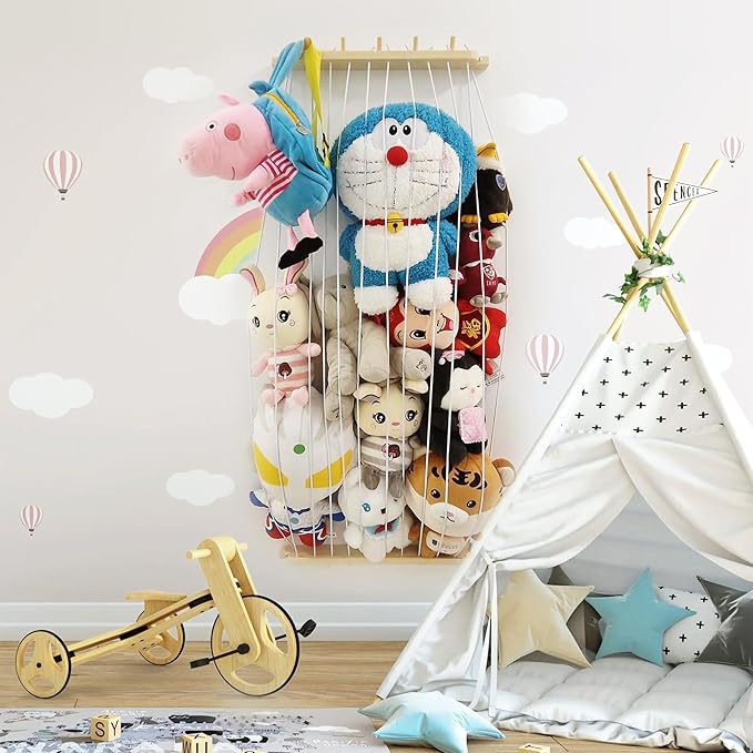 Stuffed Animal Storage Wood Plush Toys Holder with Hooks, Length Adjustable Hanging Stuffed Animal Toy Organizer Shelf for Nursery Kid Room Play Room Bedroom