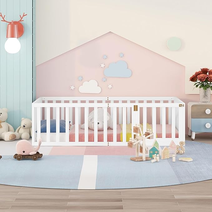 Twin Size Floor Bed with Fence, Solid Wood Floor Bed Frame for Kids with Door, Twin Platform Bed for Boys and Girls Kids Teens, Fun Design Multifunctional Floor Bed, for Children Bedroom