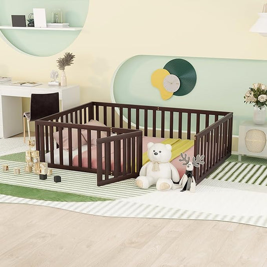 Full Size Floor Bedframe with Door and Safety Guardrails Fence, Solid Wooden Toddler Montessori Platform Bed for Children Bedroom, Boys Girls, Kids Playroom