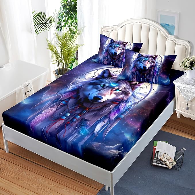 AILONEN Wolf Dream Catcher Fitted Sheet Set Twin XL Evening Purple Galaxy Starry Moon Wolf Bed Sheet with 2 Pillowcases,3 Pieces Wolf Print Boys Girls TwinXL Fitted Sheet Set