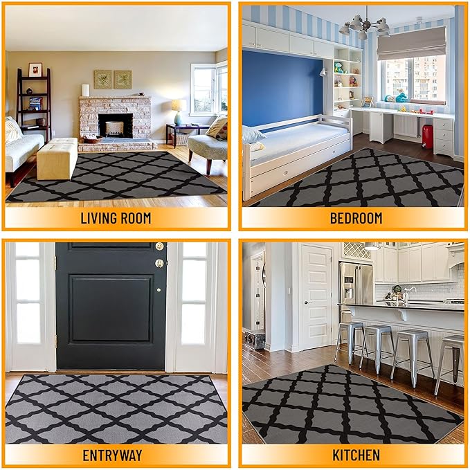 Machine Washable Moroccan Trellis Design Non-Slip Rubberback 5x7 Traditional Indoor Area Rug for Living Room, Bedroom, Dining Room, 5' x 6'6", Dark Gray