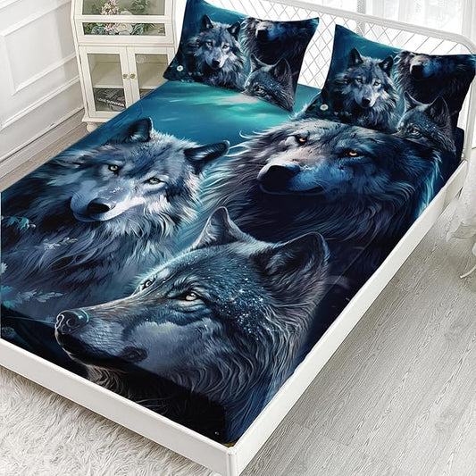 AILONEN Boys Wolf Fitted Sheet Set Twin XL Size, 3 Pieces Wildlife Bed Sheet Set,Evening Moon Wolf Sheet Set for Boys Teen Men,Wolves Print Fitted Sheet with 2 Pillowcases