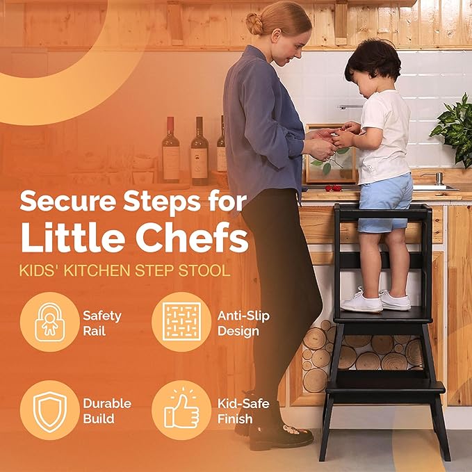SDADI Kids Kitchen Step Stool Tower for Toddlers, Holds up to 150 lbs, w/ Safety Rail, Wide Platform Design, and 4 Anti-Slip Strips, Black
