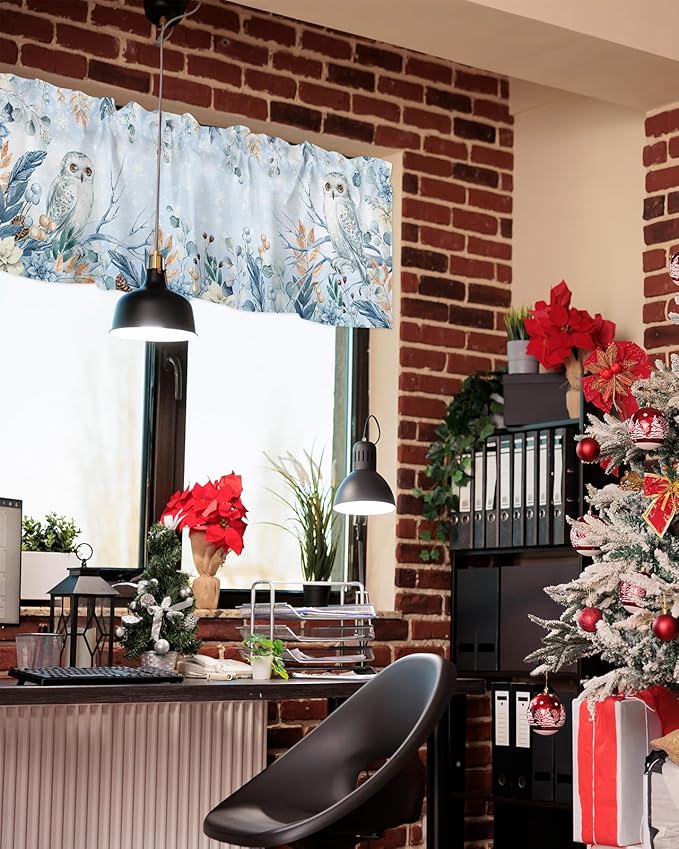 Blue Christmas Valance Curtains for Kitchen Windows Winter Snowy Owl Poinsettia Eucalyptus Leaves Rod Pocket Window Treatment Toppers for Kitchen/Living Room/Bedroom/Bathroom, 42" X 12",