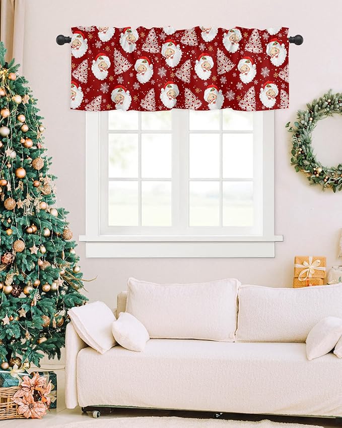 Red Christmas Valance Curtains for Kitchen Windows Santa Claus Merry Christmas Tree Rod Pocket Window Treatment Toppers for Kitchen/Living Room/Bedroom/Bathroom, 42" X 12", Winter Snowflake