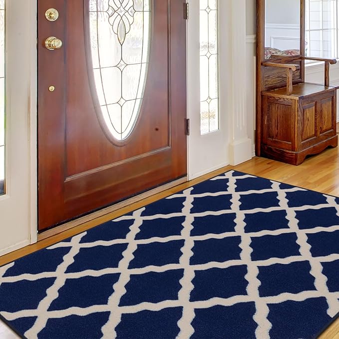 Machine Washable Moroccan Trellis Design Non-Slip Rubberback 5x7 Traditional Indoor Area Rug for Living Room, Bedroom, Dining Room, 5' x 6'6", Navy