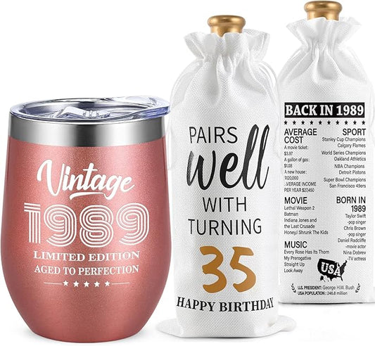 Lifecapido 35th Birthday Gifts for Women, Vintage 1989 Limited Edition Insulated Wine Tumbler with Wine Bag, 35 Year Old Birthday Gifts for Women Her, 1989 Birthday Gift for 35 Year Old Woman, 12 oz
