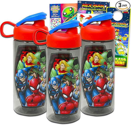 Marvel Avengers Water Bottle for Boys Set - 3 Pc Avengers School Supplies Bundle with 16.5 Oz Avengers Water Bottles, Sticker Activity Book, More | Avengers Water Bottle for Kids