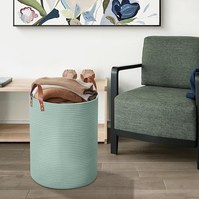 80L Large Rope Basket, Woven Rope Storage Basket with Leather Handles, Dog Toy Storage Basket, Bedroom, Nursery Blanket Storage, Bathroom Laundry Basket, 16“x20” Tall Rope Basket (Green)