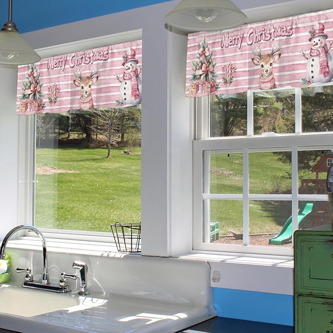 Pink Striped Window Valance for Bedroom Living Room, Pink Themed Christmas Window Curtain for Kitchen Bathroom, Cute Snowman and Reindeer Window Valance Rod Pocket Window Treatment, 54" W x 18" L
