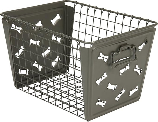 Spectrum Diversified Macklin Basket Steel Bin Bone Design, Pet Accessory Rust-Resistant Finish, Dog Toy Organization & Storage, Medium, Industrial Gray