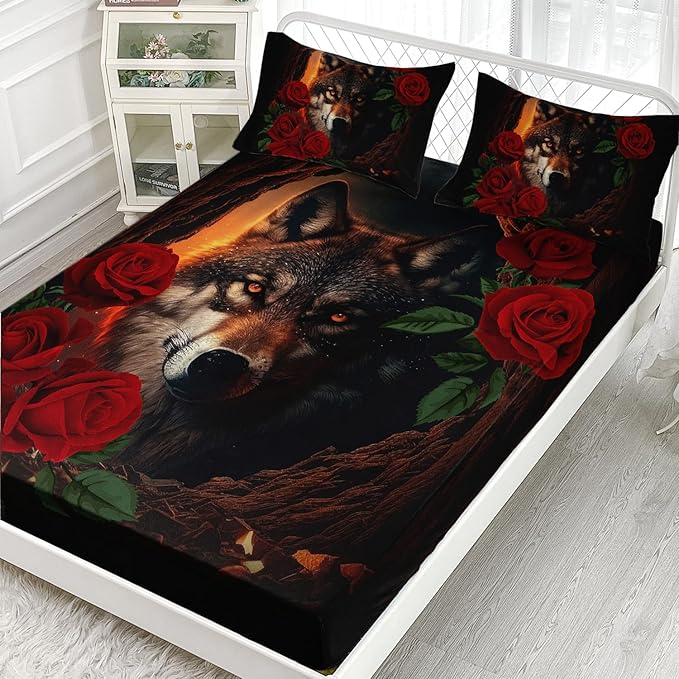 AILONEN Girls Wolf Fitted Sheet Set Queen Size, 3 Pieces Bedding Set Red Rose Wolf Sheet Set for Women Teen Kids,Wildlife Bed Sheet Set Wolf Fitted Sheet with 2 Pillowcases