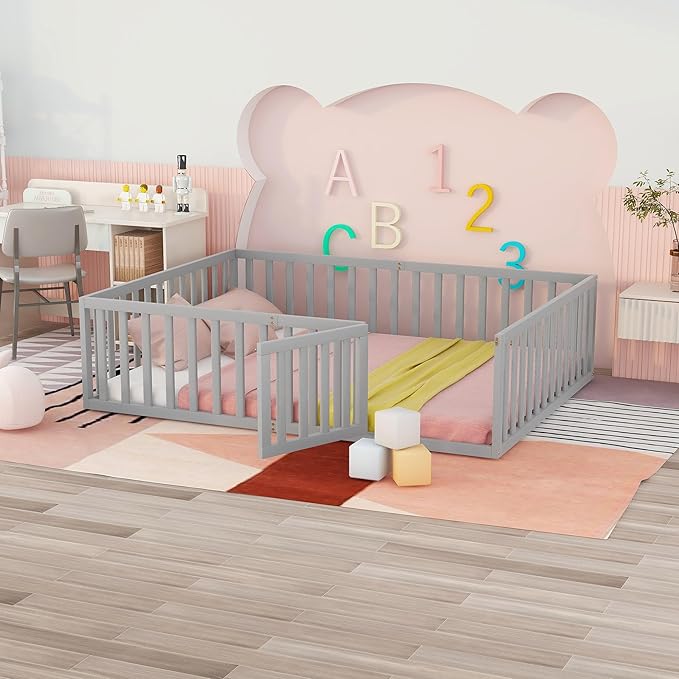 Queen Size Floor Bed with Fence, Solid Wood Floor Bed Frame for Kids with Door, Twin Platform Bed for Boys and Girls Kids Teens, Fun Design, for Children Bedroom