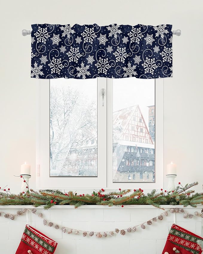 Christmas Valance Curtains for Kitchen Windows White Navy Snowflakes Pattern Rod Pocket Window Treatment Toppers for Kitchen/Living Room/Bedroom/Bathroom, 42" X 12", Winter