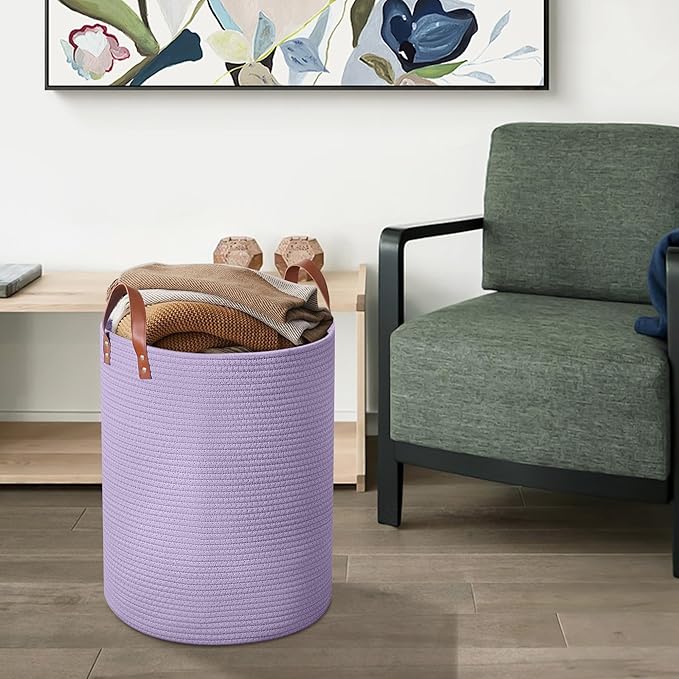 80L Large Rope Basket, Woven Rope Storage Basket with Leather Handles, Dog Toy Storage Basket, Bedroom, Nursery Blanket Storage, Bathroom Laundry Basket, 16“x20” Tall Rope Basket (Purple)