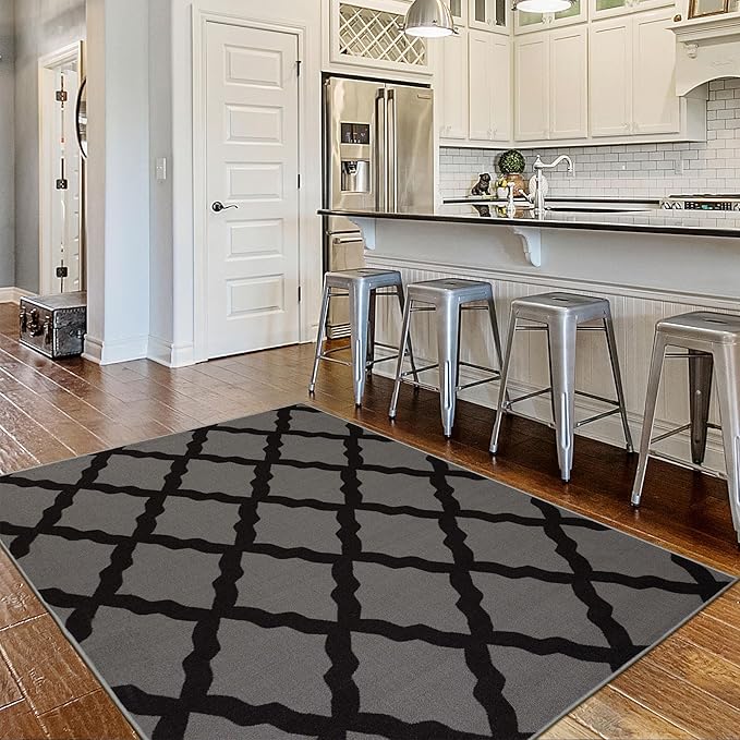 Machine Washable Moroccan Trellis Design Non-Slip Rubberback 5x7 Traditional Indoor Area Rug for Living Room, Bedroom, Dining Room, 5' x 6'6", Dark Gray