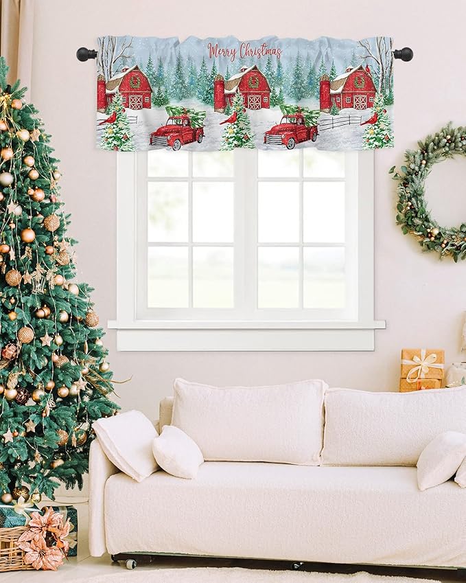 Red Truck Christmas Valance Curtains for Kitchen Windows Merry Christmas Farmhouse Rod Pocket Window Treatment Toppers for Kitchen/Living Room/Bedroom/Bathroom, 54" X 18", Winter Xmas Tree