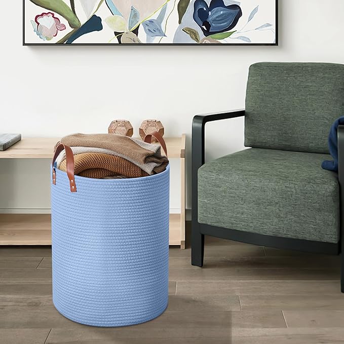 80L Large Rope Basket, Woven Rope Storage Basket with Leather Handles, Dog Toy Storage Basket, Bedroom, Nursery Blanket Storage, Bathroom Laundry Basket, 16“x20” Tall Rope Basket (Blue)
