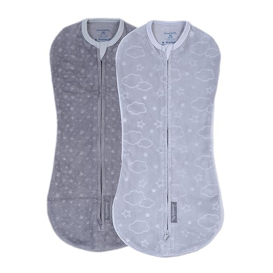 SwaddleMe by Ingenuity Compression Swaddle Pod in Velboa, Two-Way Zipper for Easy Changes, Improves Sleep & Calms Startle Reflex, 0-2 Months, 2-Pack - Clouds & Stars