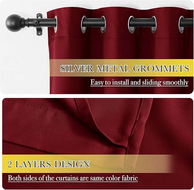 NICETOWN 100% Blackout Curtains with Same Color Liner Backing, Thermal Insulated Curtains for Bedroom, Noise Reducing Drapes, Burgundy Red, 42" Wide x 84" Long Per Panel, Set of 2 Panels