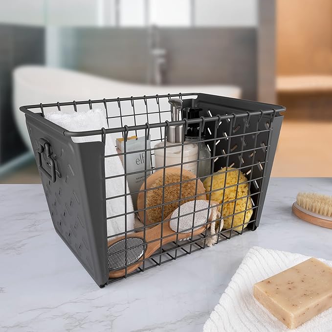 Spectrum Diversified Macklin, Stamped Steel & Wire Basket for Closet & Cubby Storage Vintage-Inspired Design with Customizable Label Plate, Medium, Industrial Gray, 1 Count (Pack of 1)