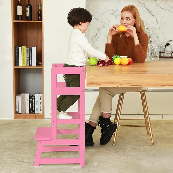 SDADI Mother's Helper Adjustable Height Kitchen Step Stool, Children Kids Toddlers Counter Level Learning Stool for Kitchen & Bathroom, Pink