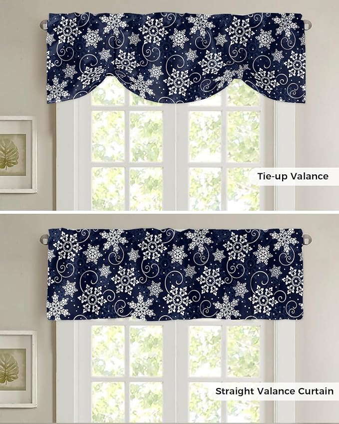 Christmas Blackout Tie Up Valance Curtains for Kitchen Windows White Navy Snowflakes Pattern Window Toppers Balloon Shades for Living Room/Bathroom/Bedroom,1 Panel, 42" X 12", Winter