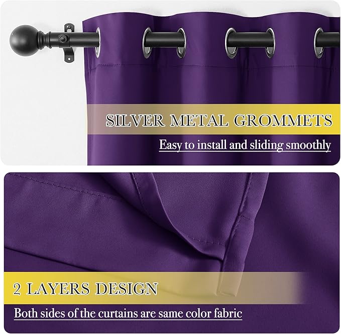 NICETOWN Purple Truly Blackout Drapes for Living Room, Heavy-Duty Full Light Shading Curtains with Same Color Liner Backing for Villa/Hall/Dorm Window（Royal Purple, 2 PCs, 52 inches W x 95 inches L