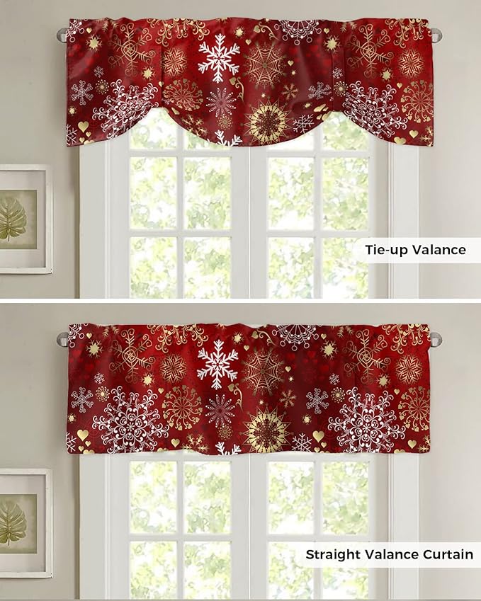 Christmas Blackout Tie Up Valance Curtains for Kitchen Windows Snowflake Pattern Window Toppers Balloon Shades for Living Room/Bathroom/Bedroom,1 Panel,60" X 18" Gold White