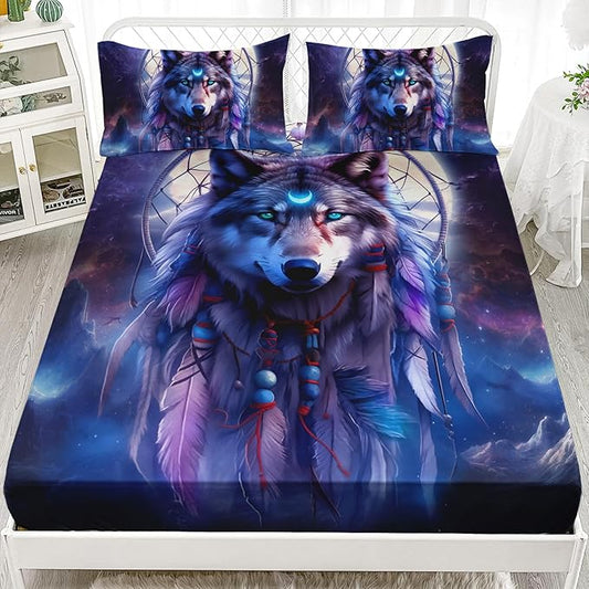 AILONEN Wolf Dream Catcher Fitted Sheet Set Full Evening Purple Galaxy Starry Moon Wolf Bed Sheet with 2 Pillowcases,3 Pieces Wolf Print Boys Girls Full Fitted Sheet Set