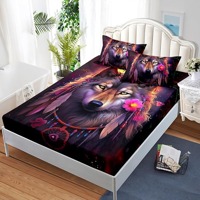 AILONEN Wolf Dream Catcher Fitted Sheet Set Twin XL Size, Wildlife Wolf Bed Sheet Set,Safari Animal Moon Wolf Fitted Sheet and 2 Pillowcases,3 Pieces(Boys/Men/Kids/Teens)
