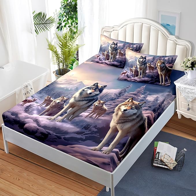 AILONEN Snow Wolf Fitted Sheet Set Twin XL Size, Winter Sunset Wildlife Wolf Bed Sheet Set for Boys Girls Adults,Safari Wolves Print Fitted Sheet with 2 Pillowcases,3 Pieces