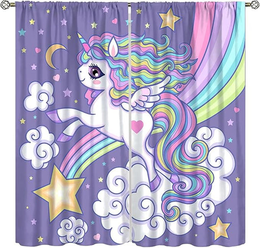 Kids Unicorn Curtains Purple Cartoon Rainbow Cartoon Room Blackout Curtains Boys Girls Baby Room Decor Curtains Living Room Decor 84x84 Inch 2 Panels