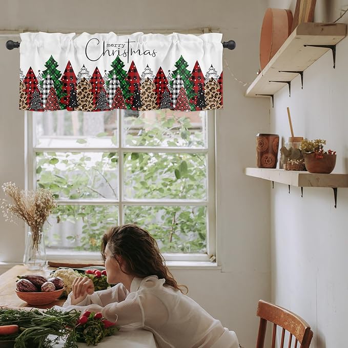 Merry Christmas Valance Curtains for Kitchen Windows Buffalo Plaid Xmas Tree Winter Forest Farmhouse Rod Pocket Window Treatment Toppers for Kitchen/Living Room/Bedroom/Bathroom, 42" X 18",Red Green