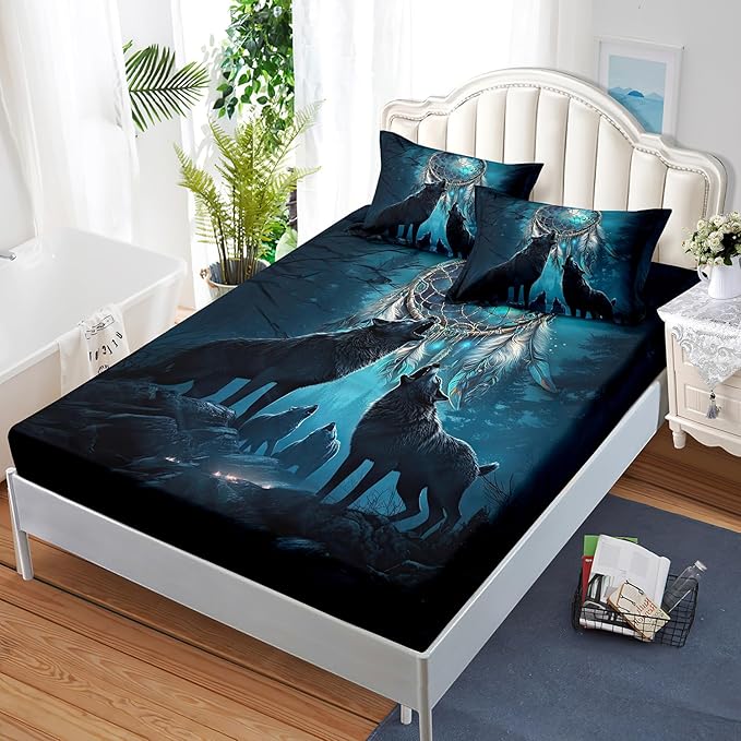 AILONEN Howling Wolf Fitted Sheet Set Twin Size, 3 Pieces Teen Boys Bedding Set Safari Animal Themed Sheet Set,Dreamcatcher Bed Sheet Set Evening Forest Wolf Fitted Sheet with 2 Pillowcases