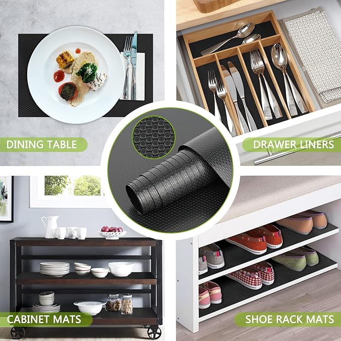 HooTown Shelf Liner Kitchen Cabinet Drawer Mats 11.8 Inch Wide x 13 Feet Long, Non Adhesive EVA Rubber Washable Waterproof Pantry Closet, Cupboard, Drawer Organizer Mat, Black