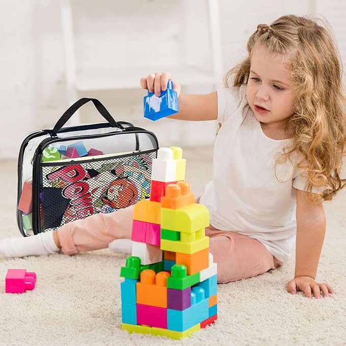 4 Packs PVC Toy Zippered Blocks, Travel Storage Case Bags for Organizing, Waterproof Toy Storage Bags with Mesh Pockets for Building Blocks, Puzzles, Clays,Toy Cars 13.3"Lx3" Wx10.4" H (Black).