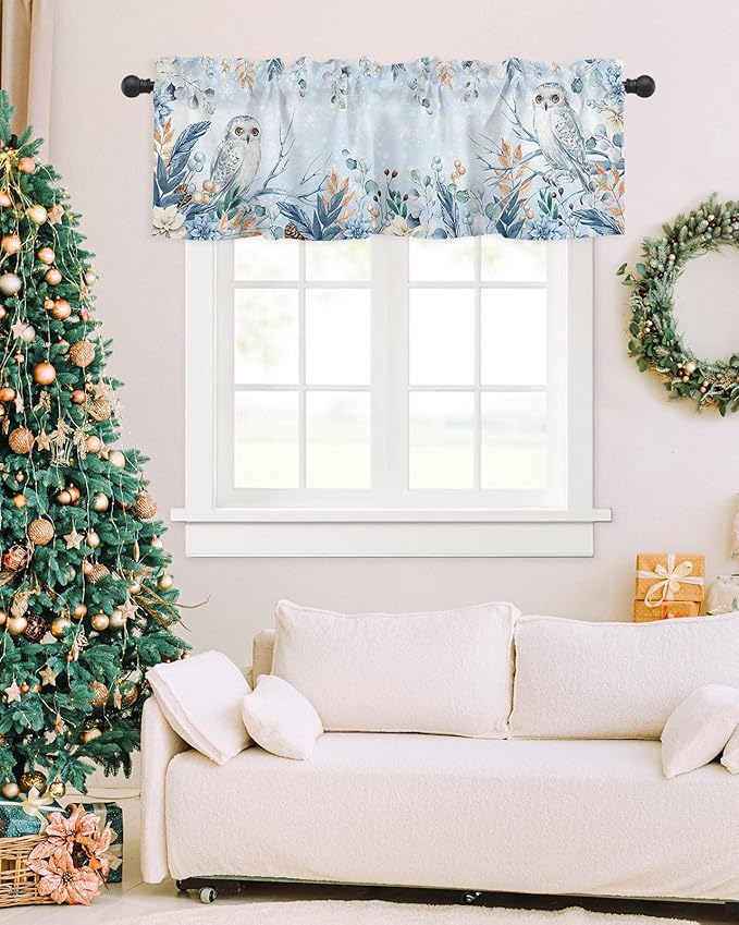 Blue Christmas Valance Curtains for Kitchen Windows Winter Snowy Owl Poinsettia Eucalyptus Leaves Rod Pocket Window Treatment Toppers for Kitchen/Living Room/Bedroom/Bathroom, 42" X 12",