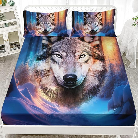 AILONEN Wolf Fitted Sheet Set Queen Size, Winter Forest Wildlife Bedding Set Wolf Sheet Set for Boys Teen Kids,Safari Wolf Printed Bed Sheet Set Wolf Fitted Sheet with 2 Pillowcases,3 Pieces