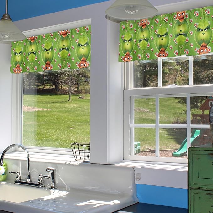 Green Monster Christmas Window Valance for Kitchen Living Room Merry Grinchmas Window Curtain for Bedroom Grin-ch Window Valance Rod Pocket Window Treatment Christmas Decors, 54" W x 18" L