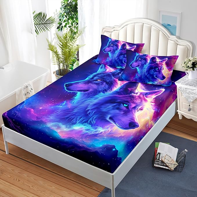 AILONEN Wolf Fitted Sheet Set Full Size for Boys,Purple Galaxy Wolf Bed Sheet Set for Kids Teen, 3 Pieces Safari Wolf Sheet Set,Starry Wolves Fitted Sheet with 2 Pillowcases