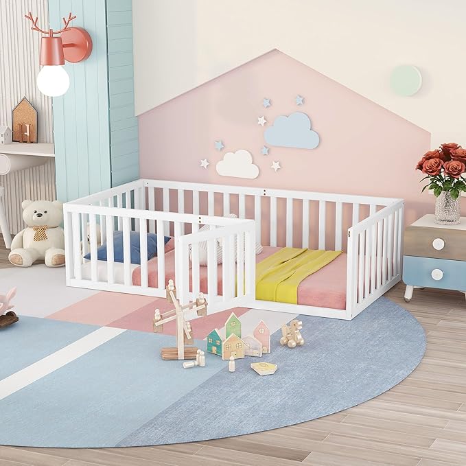 Twin Size Floor Bedframe with Door and Safety Guardrails Fence, Solid Wooden Toddler Montessori Platform Bed for Children Bedroom, Boys Girls, Kids Playroom