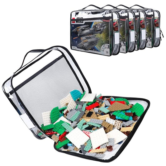 4 Pack Toy Storage Organizer Bag for Lego Bricks, Clear PVC Zippered Block Set with Manual Pocket& Name Tag, Waterproof Toy Carrying Case for Board Games, Building Blocks& Puzzles (Large Black)
