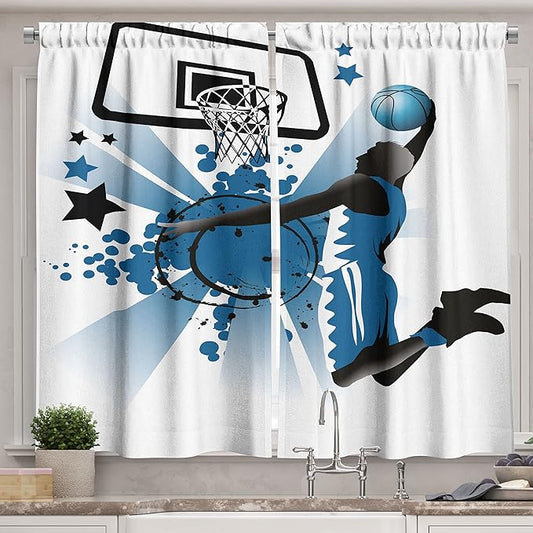 Ambesonne Teen Room Long Kitchen Curtains, Silhouette of Basketball Player Jumping Success Stars Illustration, Two Panels Drapes with Rod Pocket Room Decor, 55" x 45", Blue Charcoal