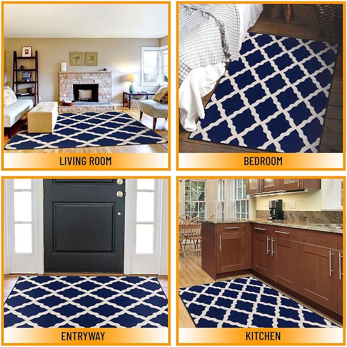 Machine Washable Moroccan Trellis Design Non-Slip Rubberback 5x7 Traditional Indoor Area Rug for Living Room, Bedroom, Dining Room, 5' x 6'6", Navy